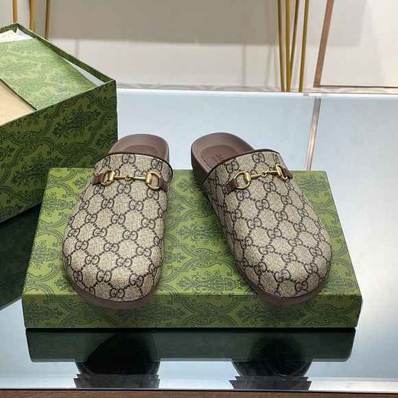 Gucci Brown and Beige Monogram Slides - Picture 1 of 9